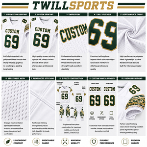 Ensemble d'uniformes de football américain personnalisés blanc, vert, or, maillot sublimé, pantalon, col en V, manches courtes, maille respirante - Product Image 6