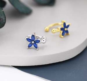 Manchette d'oreille Fleur en Zircon Cubique Bleu Saphir en Argent Sterling, Argent ou Or, Simple, Sans Perçage, Minimaliste - Product Image 2