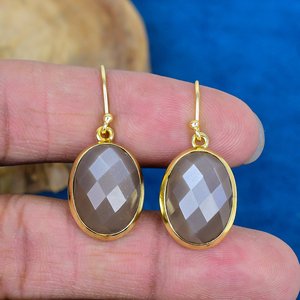 Natural Handmade Grey Moonstone Oval Shape Gemstone Drop <b>Earrings</b> 18k Micron Gold Over 925 Sterling Silver - Product Image 2