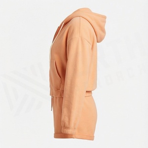 Ensemble 2 pièces en polaire pour femmes, avec short à capuche, couleur unie, coupe ample, vêtements de sport décontractés, longueur au-dessus du genou, manches longues, fermeture éclair sur le devant - Product Image 3