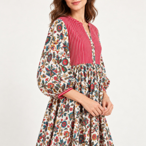 Vestido Maxi Bohemio para Mujer con Bloques de Color, Cuello en V, Manga Linterna, Cintura Imperio, Estampado Floral, Casual de Verano, Corte A - Product Image 6