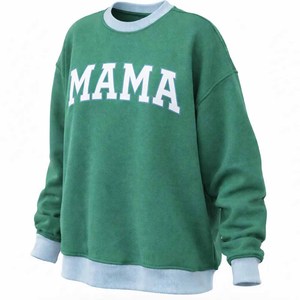 Sudadera Oversize Verde de Algodón Tejido con Cuello Redondo y Manga Regular, Estilo Casual con Bolsillo Frontal y Estampado de Letras 'Mama' - Product Image 1