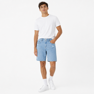 Nouveaux shorts en jean déchirés taille haute pour femmes et hommes, style streetwear, bleu clair, effet usé, vintage, Bermuda, personnalisables - Product Image 1