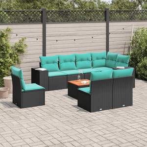 ชุดโซฟาลานบ้านหวายโพลีสีดำ 9 ชิ้นพร้อมชุดเบาะรองนั่งในสวน - Product Image 1