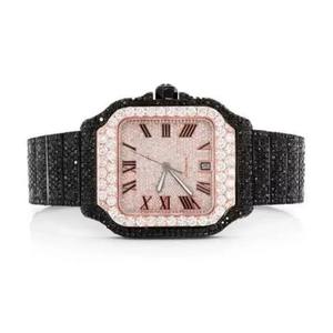 Montre-bracelet pour homme de luxe bicolore entièrement sertie de diamants Moissanite, bracelet noir, cadran avec date, entièrement personnalisable - Product Image 1