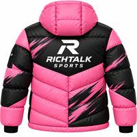 Blouson matelassé à capuche pour homme, col montant, blocs de couleur rose et noir, coupe-vent, en polyester épais, fermeture éclair, idéal pour l'hiver et le sport