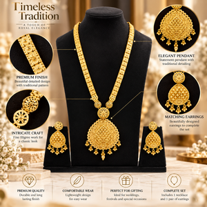 Conjunto de Collar Largo de Cobre y Latón Estilo Herencia con Colgante Bañado en Oro de 24K y Pendientes a Juego, Joyería Nupcial India para Bodas y Fiestas - Product Image 5