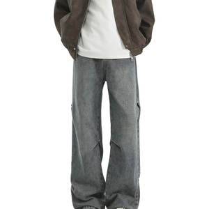 Jean à carreaux délavé pour homme, coupe droite, taille haute, braguette boutonnée, 100% coton respirant, style décontracté et tendance - Product Image 1