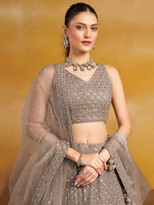 Gray Embroidered Crop <b>Top</b> Anarkali Lehenga Set Natural Waistline Faux Georgette Evening Dress <b>Net</b> Dupatta for Wedding Party Wear - Product Image 5