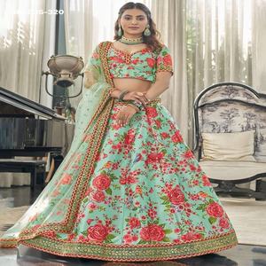 Wedding Wear Beautiful Art <b>Silk</b> with Floral Print-Embroidery with Diamond work Mint <b>Green</b> Lehenga-Choli & Dupatta Woman Fashion - Product Image 1