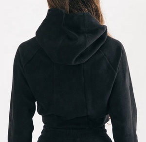 Best Quality Women's <b>Black</b> Cropped Hooded <b>Sweatshirt</b> Long Sleeve Knitted Casual Autumn Wear Solid Color Asymmetric Design Hoodie - Product Image 4