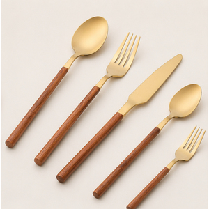Ensemble de couverts de luxe en acier inoxydable doré avec manches en bois, finition polie miroir, pour hôtels, restaurants et fournitures de réceptions - Product Image 4
