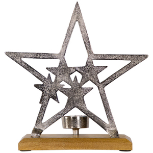 Décoration de Noël en métal « Étoiles dans une étoile », porte-bougie chauffe-plat avec base en bois - Product Image 2