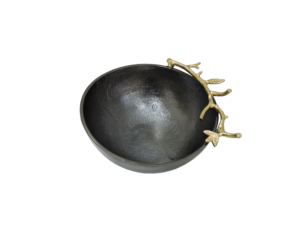 Bol décoratif en aluminium moulé noir avec poignée en forme de branche botanique dorée – Plat à clés rustique et élégant pour la décoration de table - Product Image 4