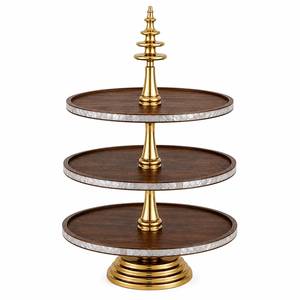 Wholesale Price Three <b>Tier</b> Round Walnut Wood <b>Cake</b> Stand with Silver Metal Frame Luxury Dessert Display Stand - Product Image 3