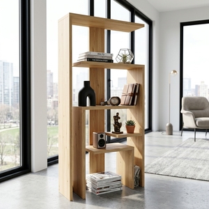 Étagère à livres géométrique moderne en bois massif, présentoir asymétrique à niveaux élégant pour salon, design artistique, ensemble d'art pur - Product Image 3