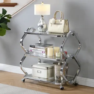 Chariot de service moderne en chrome à 3 niveaux avec étagères en verre et roulettes, 27,56x15,75x28,35 pouces, design durable - Product Image 6