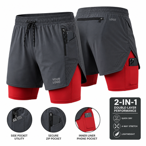 Short de sport deux-en-un pour homme avec doublure intérieure respirante et poche zippée, rouge et gris - Product Image 1
