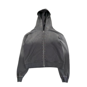 ชุดเซ็ตเสื้อฮู้ดซิปทรงหลวมสไตล์วินเทจ ปักลายแบบดิสเทรส สีซีดแบบซันเฟด ล้างสีแบบแอซิด พร้อมกางเกงวอร์มทรงขาบาน - Product Image 3