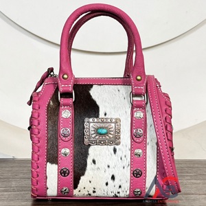 Premium <b>Tooled</b> Pink <b>Leather</b> Studs & Turquoise Concho Designer Duffel Bags Small Compact Cowhide <b>Leather</b> Travel Ladies Handbags - Product Image 1