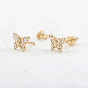 Boucles d'oreilles clous papillon en or jaune avec diamants de laboratoire, plaqué or 14 carats, taille brillant rond, luxe - Product Image 4