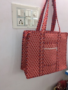 Vintage Red Quilted Cotton Bohemian Spring <b>Tote</b> <b>Bag</b> <b>with</b> Front Zipper <b>Pocket</b> - Product Image 4