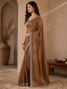 Elegante Saree de Seda Marrón con Borde Plateado para Mujer, Traje de Boda, Ajuste Regular, Largo hasta el Suelo, Sin Arrugas, Estampado Flocado, Secado Rápido - Product Image 2
