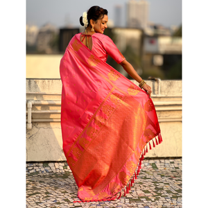 Sari traditionnel en soie douce rose bébé, tissé avec des fils zari, élégant foulard et châle traditionnel - Product Image 4