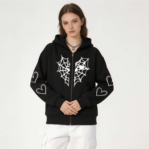 Women <b>Gothic</b> Spider Web Print Hoodie Black Full Sleeve Zipper Front Pocket Loose Fit Autumn Wear - Product Image 5