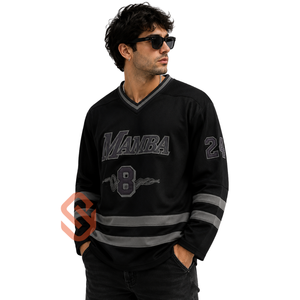 Long Sleeve Hockey Style <b>Jersey</b> Mens Black Grey Stripe Streetwear Shirt V Neck Oversized Fashion Top Blank Custom - Product Image 1