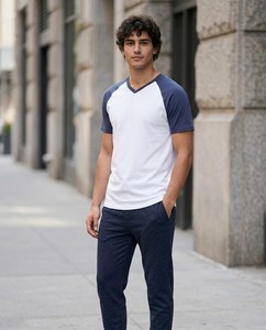 Men's <b>V</b>-<b>Neck</b> Raglan Sleeve <b>T</b>-<b>Shirt</b> <b>White</b> Navy Contrast Color Blocked Casual Knitted Cotton Regular Fit Solid Design - Product Image 1