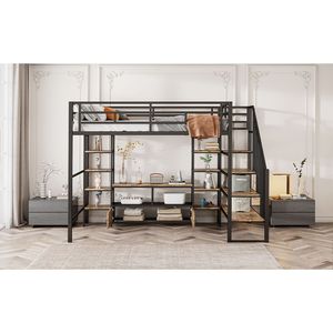 Letto a soppalco in metallo nero a grandezza naturale con scala, tavolo contenitore basso e scaffali portaoggetti - Product Image 4
