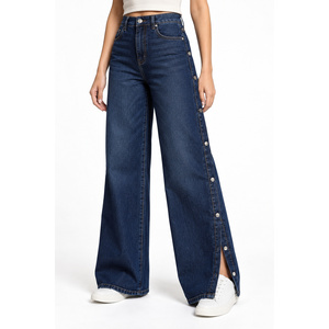 Jean en denim taille haute à jambe large pour femme avec ouverture latérale à boutons-pression - Indigo délavé moyen Tailles XS-6XL - Product Image 4