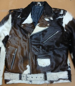 Cowhide Patchwork Faux Fur Moto Biker Jacket With Zipper Closure Stand Collar Winter Outerwear - Product Image 5