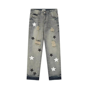 Jeans de Mezclilla Rectos con Parches de Estrellas, Cintura Alta, Algodón, Casuales, para Hombre, Primavera - Product Image 1