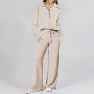 Conjunto Deportivo para Mujer Color Granate, Cuello Redondo, Manga Larga, Color Sólido, Pantalones Holgados con Cordón, Ropa Casual de Otoño, Cómoda y Duradera - Product Image 3