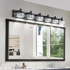 Moderna Lampada da Parete a 6 Luci LED Nera Opaca con Eleganti Paralumi in Cristallo per Bagno - Product Image 2