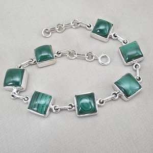 Pulsera de Eslabones Cuadrados de Plata de Ley 925 Chapada en Oro Clásico con Malaquita, Gema Verde, Joyería Hecha a Mano, Regalo - Product Image 6