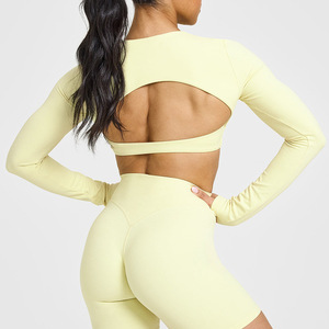 Haut court léger et respirant pour femme avec soutien-gorge intégré, manches longues, idéal pour le yoga, la gym, le fitness et les tenues décontractées - Product Image 4