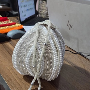 Handcrafted Luxury Pearl and Seed Bead Batwa <b>Bag</b> - Elegant <b>Peach</b> Artisanal Bridal Potli Purse Ethnic Evening <b>Clutch</b> for Women - Product Image 1