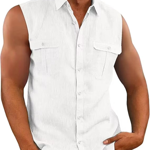 Chemise sans manches boutonnée personnalisée pour homme en lin et coton, débardeur basique d'été pour la plage, T-shirt Cor Men - Product Image 5