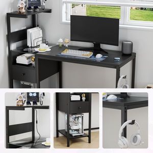 Black Home Office PC postazione di lavoro da studio con presa di corrente scaffali porta USB stazione di ricarica Computer scrivania - Product Image 3