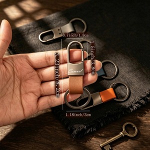 Luxury Stainless Steel <b>Carabiner</b> <b>Keychain</b> With Leather Strap Embossing Printing Rectangle Shape Hard-Wearing Design - Product Image 3