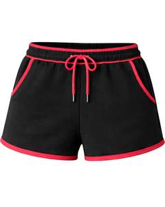 Shorts en molleton de coton personnalisés pour femmes, noirs avec contraste rouge, taille élastique, décontractés, pour l'été, sport et détente, fabricant - Product Image 1