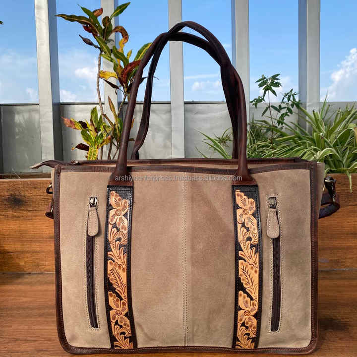 Boot Stitch Floral Hand Tooled Brown Suede Leather Tote Bag for Women's