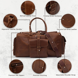 Sac de voyage en cuir de forme rectangulaire avec double poignée, fermeture à glissière, plusieurs compartiments, sac de voyage pour homme - Product Image 5
