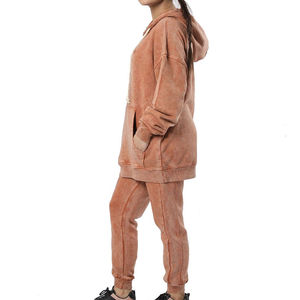 Conjunto Deportivo para Mujer, Color Sólido, con Capucha, Lavado Ácido, Manga Larga, Corte Holgado, Sudadera y Pantalones de Algodón con Bolsillos Laterales, Ropa Casual - Product Image 1