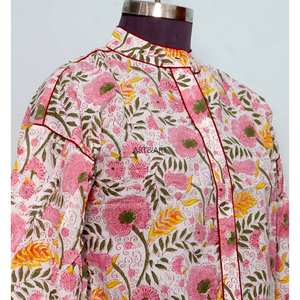 Hauts d'extérieur pour femmes - Design floral vintage coréen 100% coton écologique respirant à manches bouffantes col en V moderne toutes saisons - Product Image 5