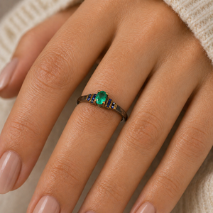 925 Sterling <b>Silver</b> Black Rhodium Plated <b>Emerald</b> with Blue Sapphire Cut Gemstone <b>Ring</b> Wholesale <b>Ring</b> Jewelry Gift <b>Ring</b> Birthday - Product Image 1