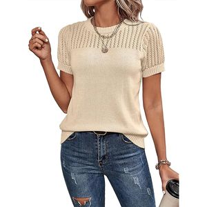 T-shirt décontracté en coton 100% pour femmes, col rond, manches courtes, été, tricot uni - Product Image 1